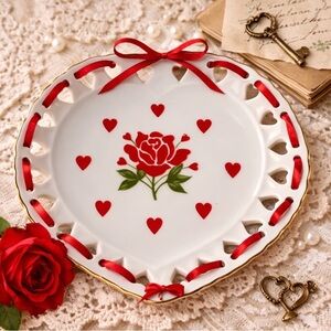 Romantic Heart-Shaped Plate with Red Rose Design